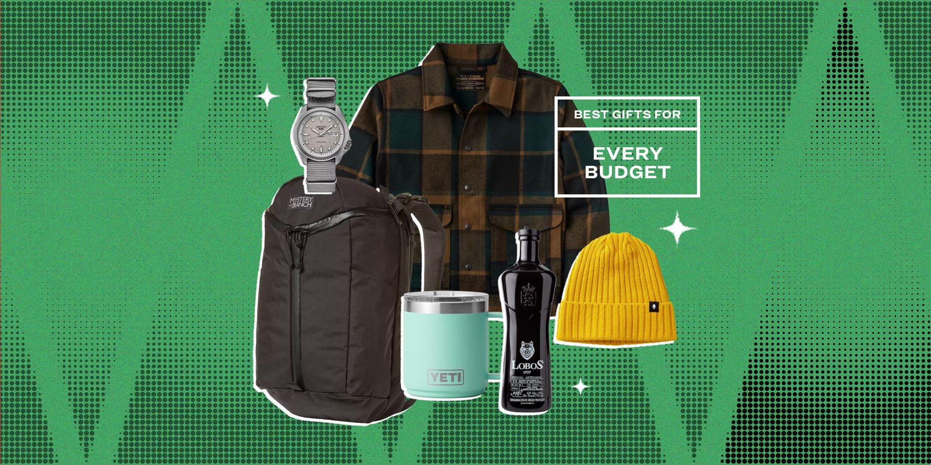 collage of a watch, backpack, flannel, mug, liquor, and beanie hat