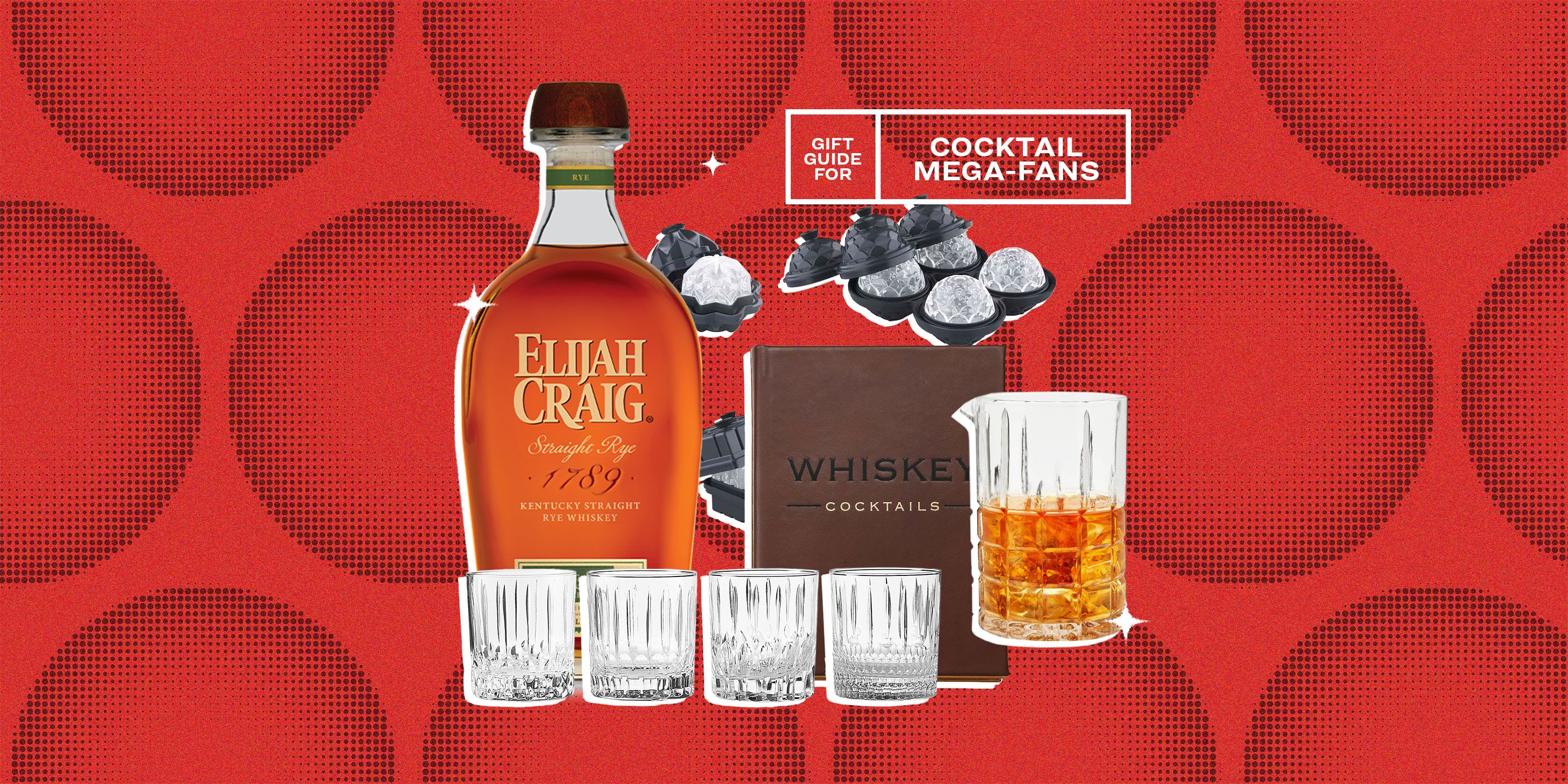 gift guide for cocktail mega fans elijah craig single rye, whiskey book, ice molds, glass, and shot glasses