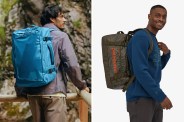 men wearing duffel bag backpacks