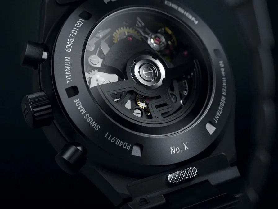 porsche design watch movement seen through a display caseback