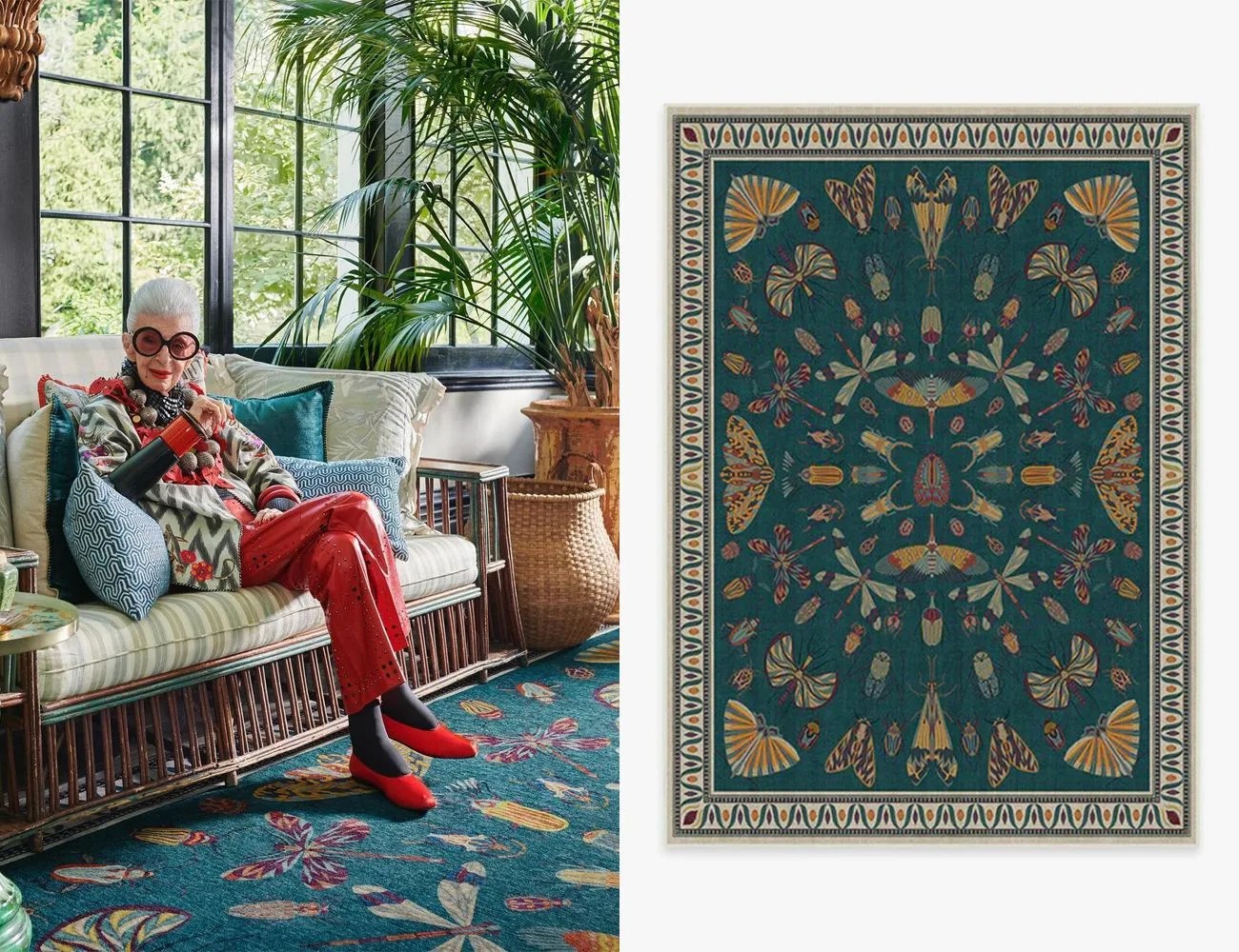 iris apfel sitting on a couch next to a ruggable rug