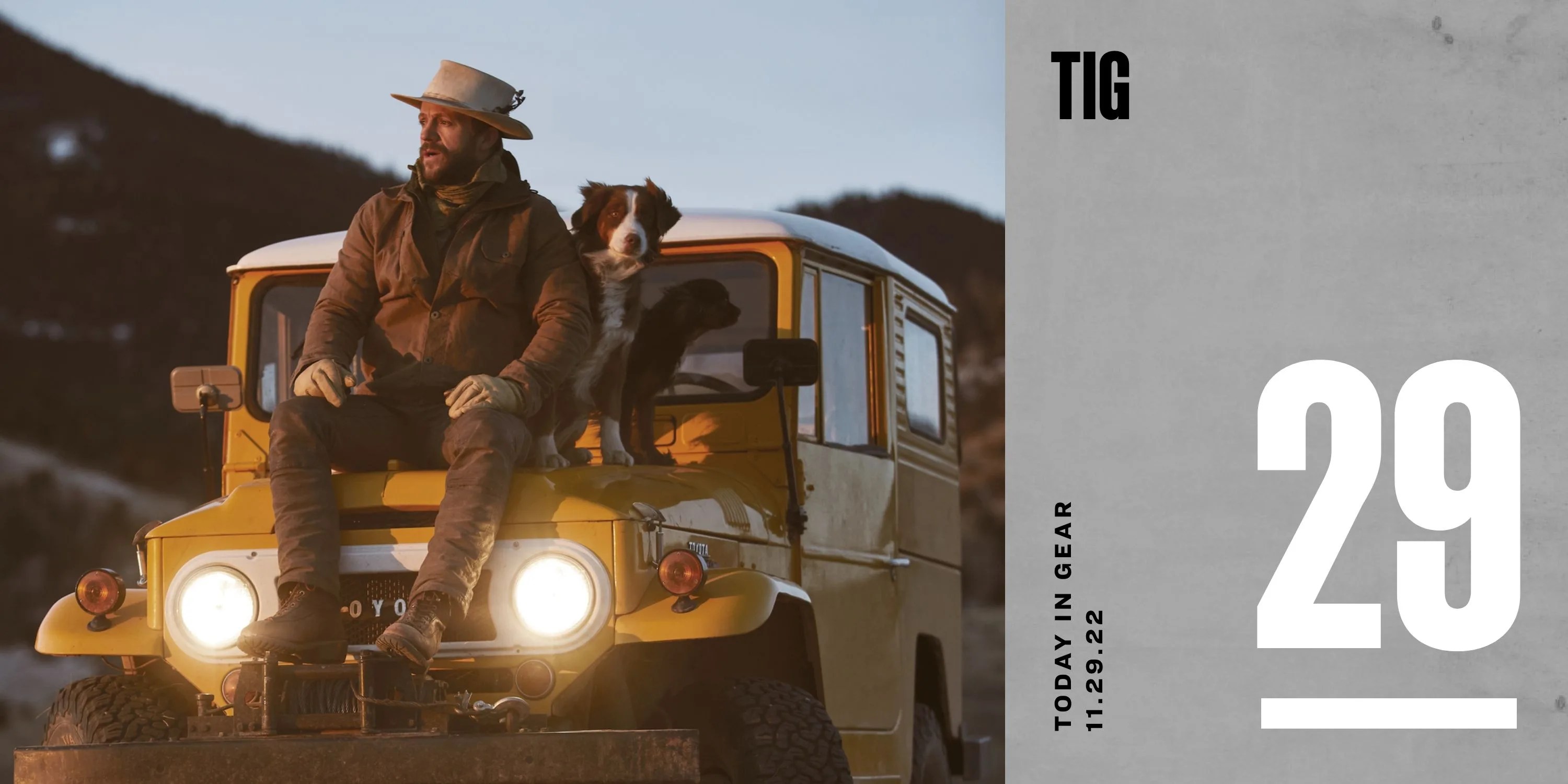 today in gear november 29 2022 huckberry man sitting on car next to dog