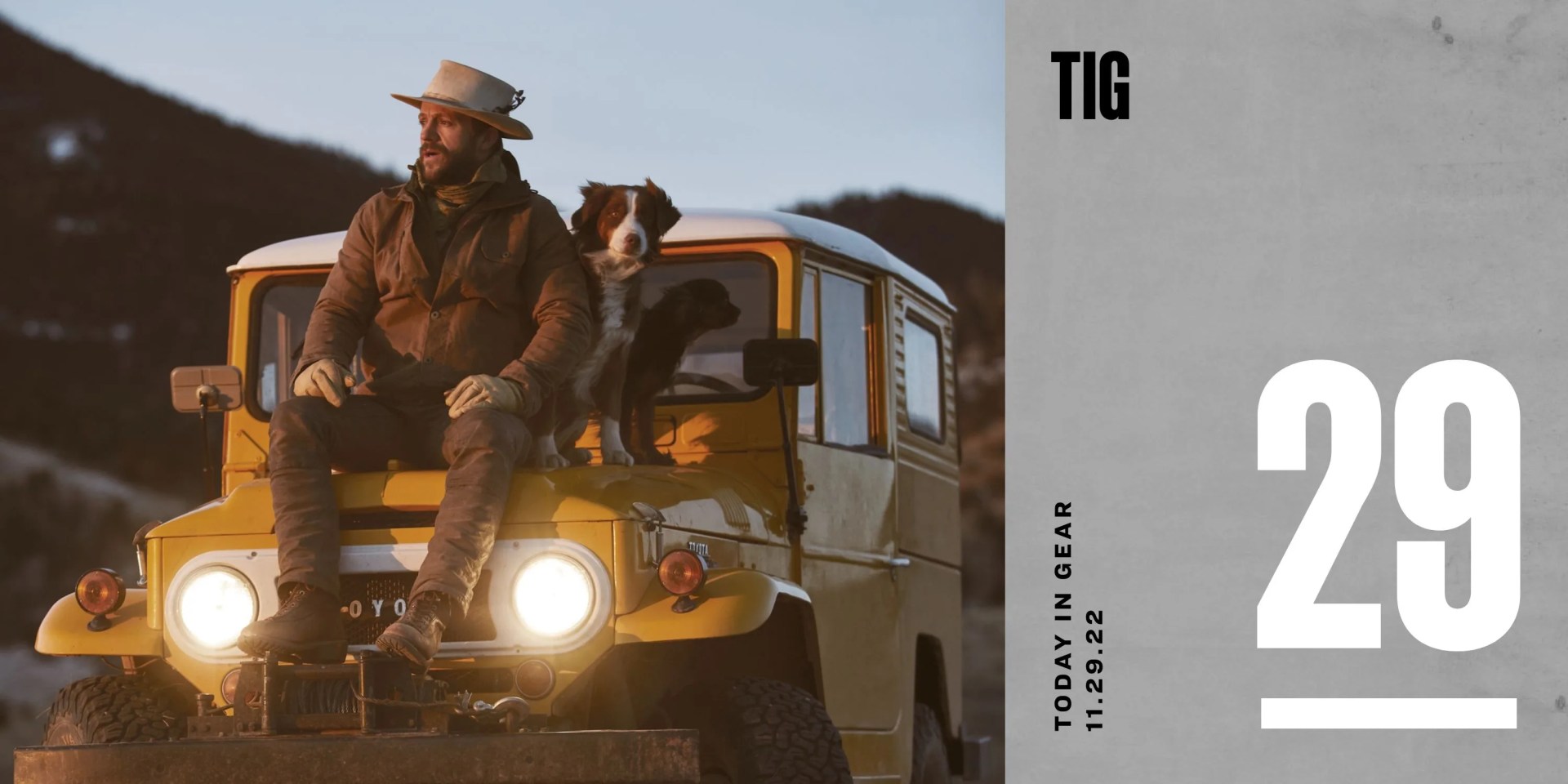 today in gear november 29 2022 huckberry man sitting on car next to dog