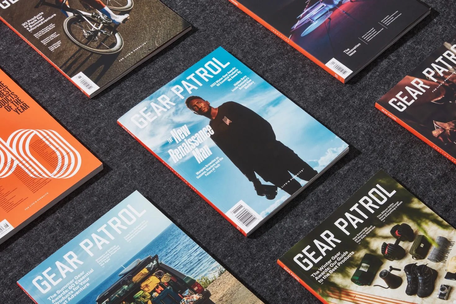 a grid layout of multiple editions of gear patrol magazine