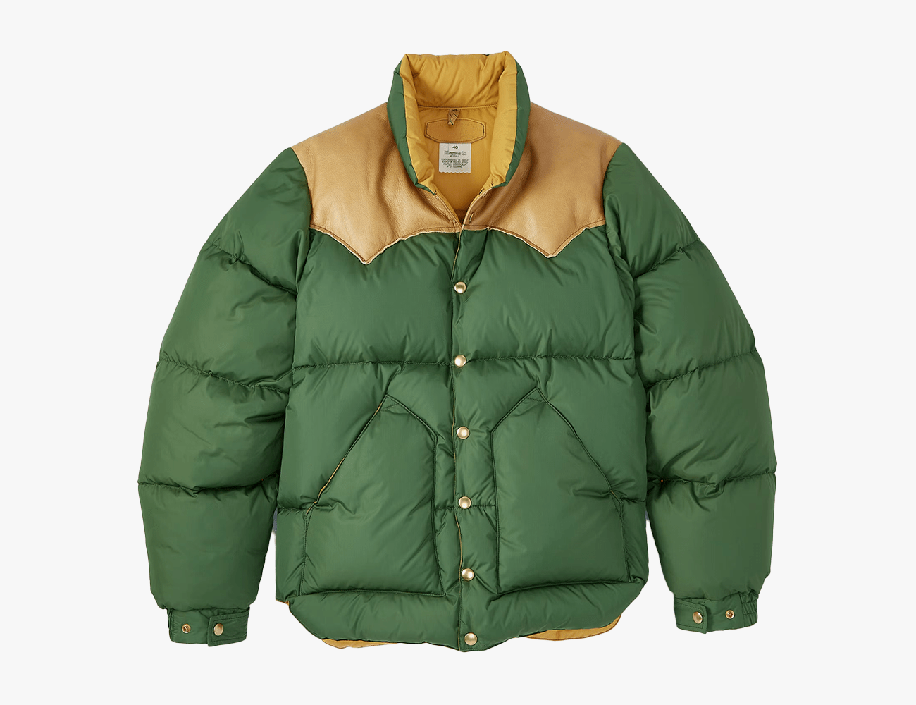 huckberry heritage down puffer jacket in green with tan shoulder and lining on a white background