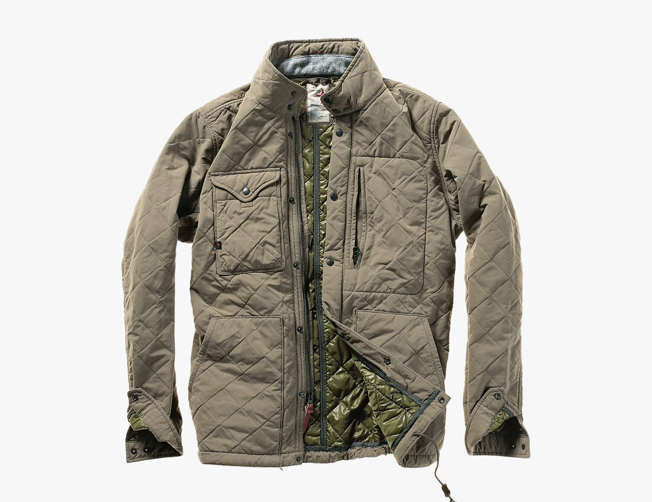 quilted tanker jacket in tan with green lining on a white background