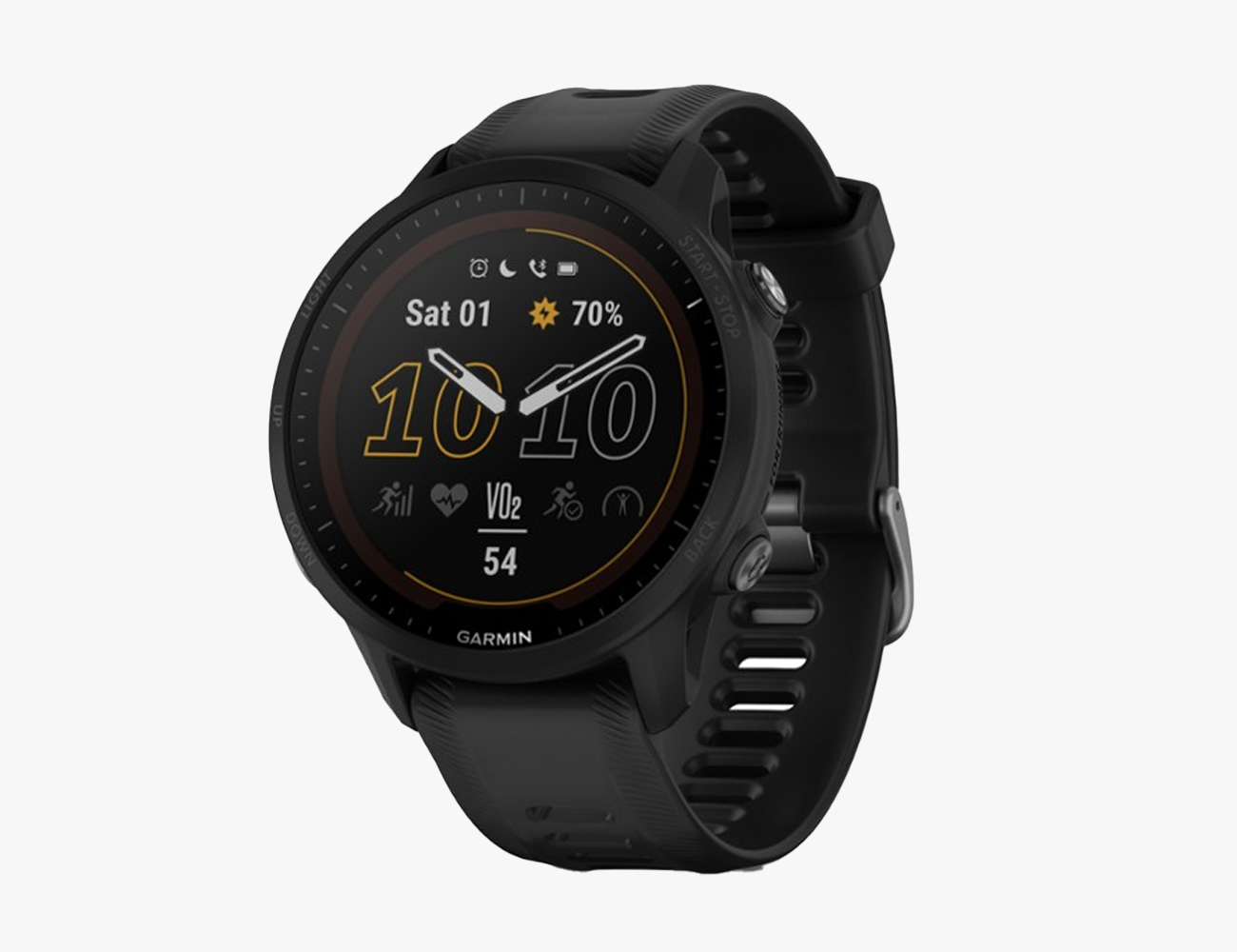Garmin Forerunner 955 Solar in black on a white background