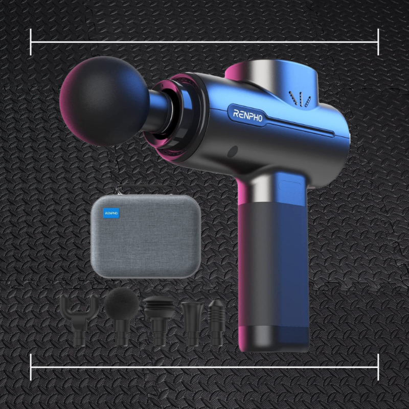 black renpho massage gun laid over top a black rubber gym flooring