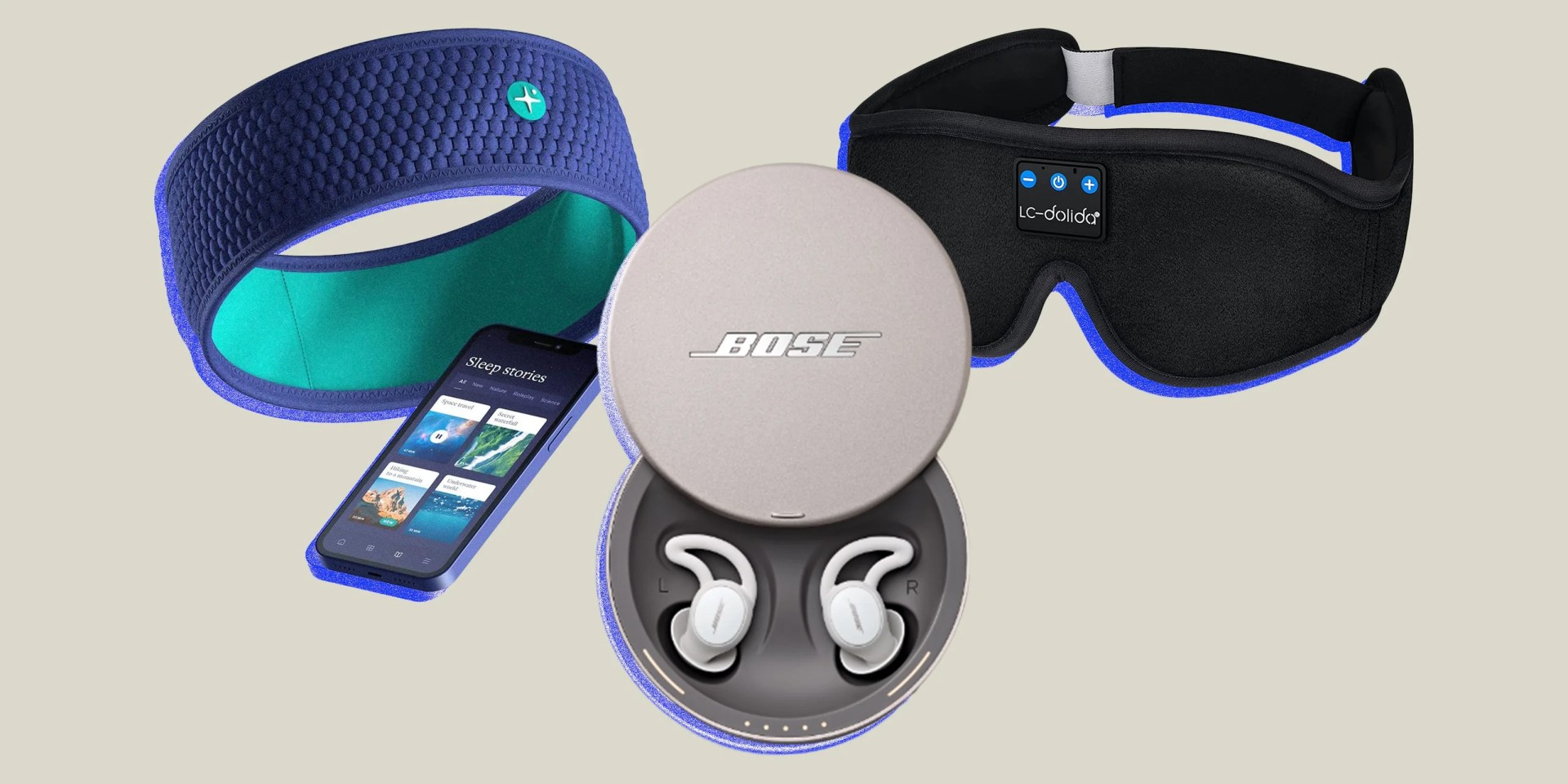 collage of a headband with sleep app, bose ear buds, and a sleep mask