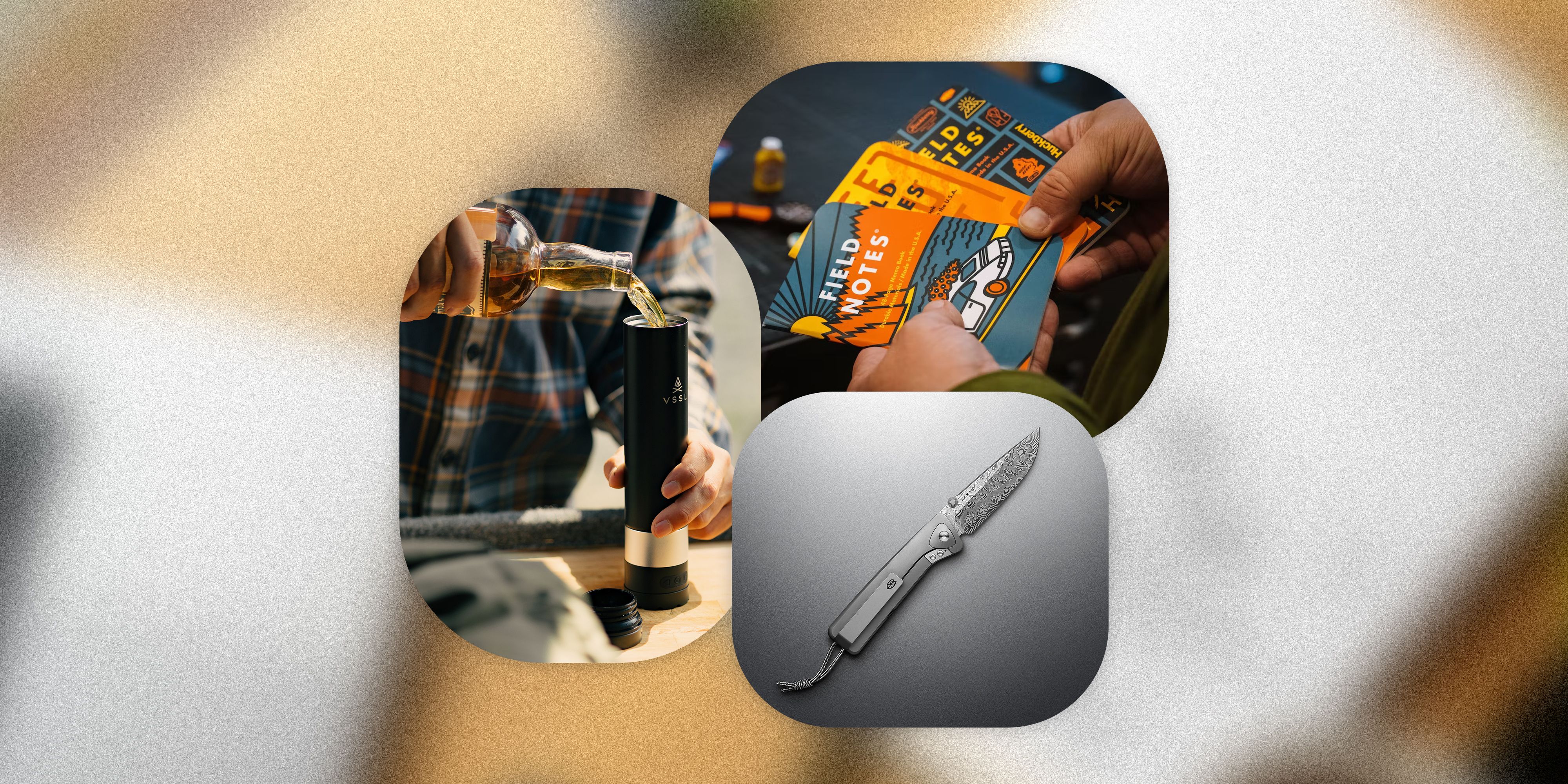 collage of someone pouring whiskey into a flask, field notes notebooks, and a pocket knife