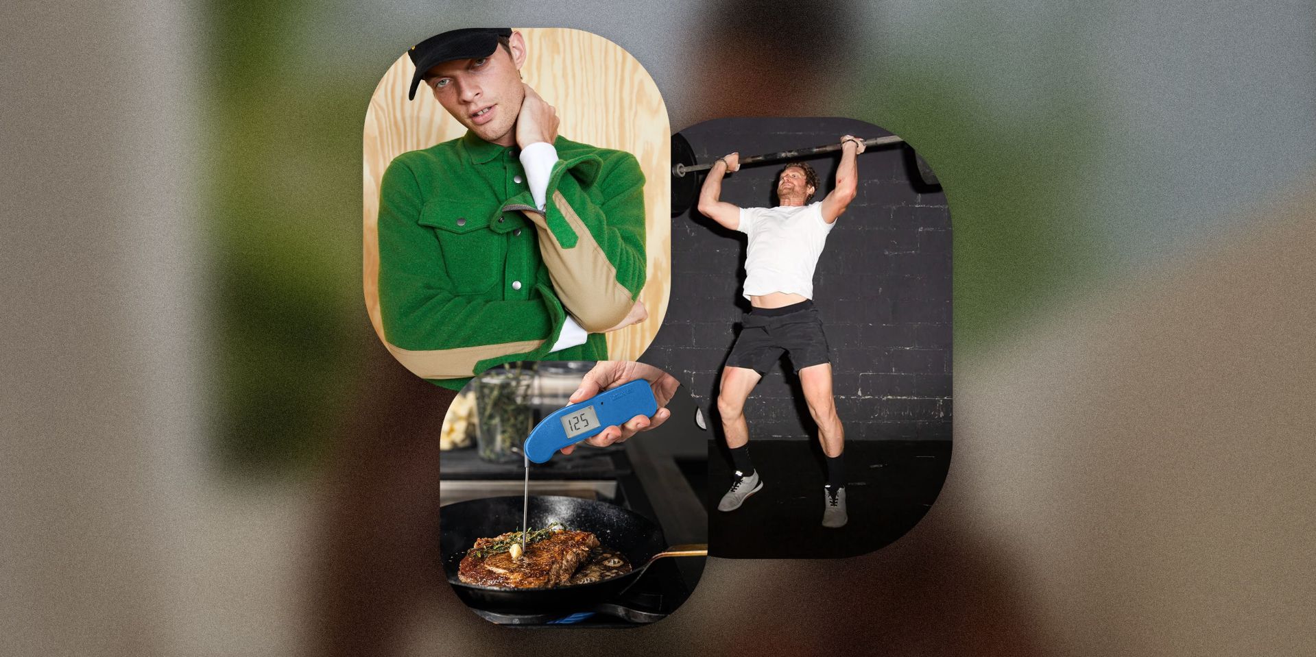 collage of a man wearing a button down fleece, a man weightlifting, and a person checking the temperature on a steak in a cast iron skillet