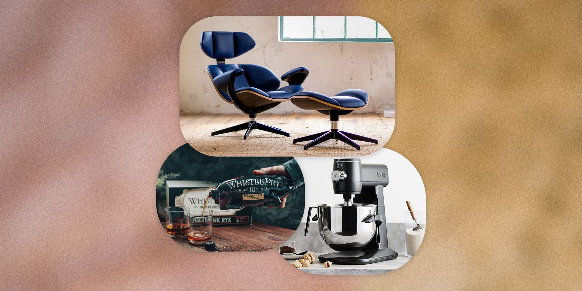 collage of a chair, a bottle of whiskey being poured into classes, and a stand mixer