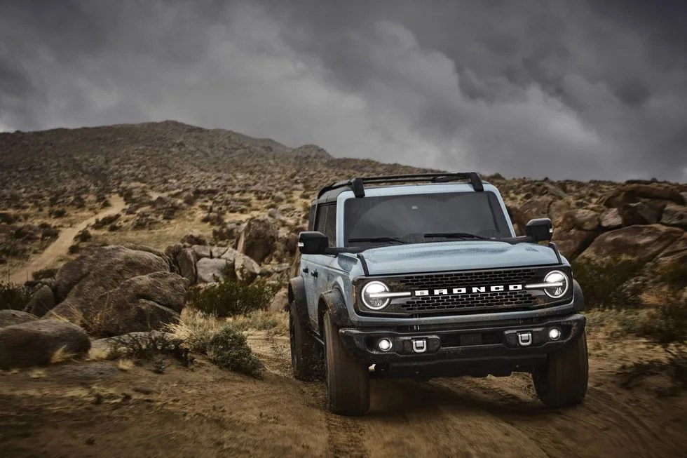 pre production 2021 bronco four door badlands series with available sasquatch&trade; off road package in cactus gray in johnson valley, california