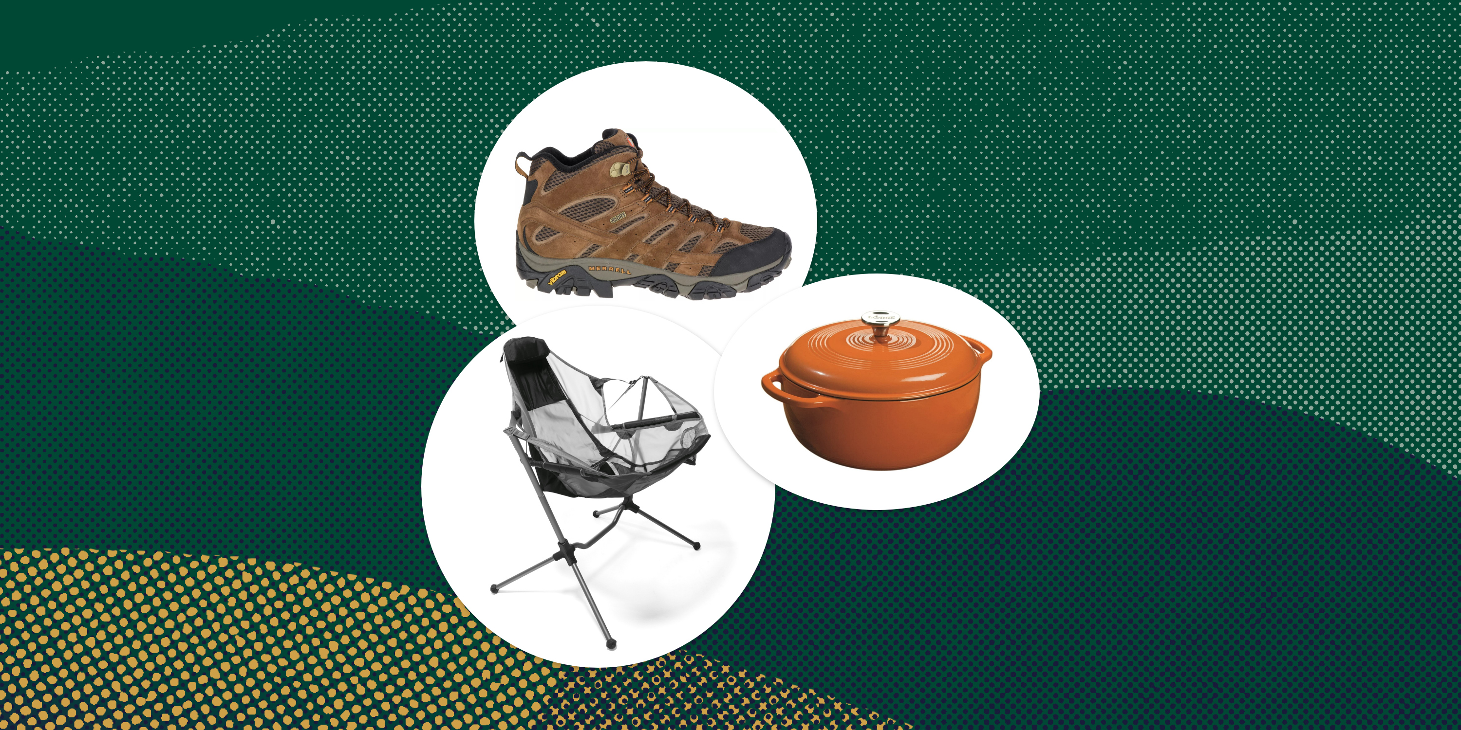 collage of a hiking shoe, a dutch oven, and a camping chair