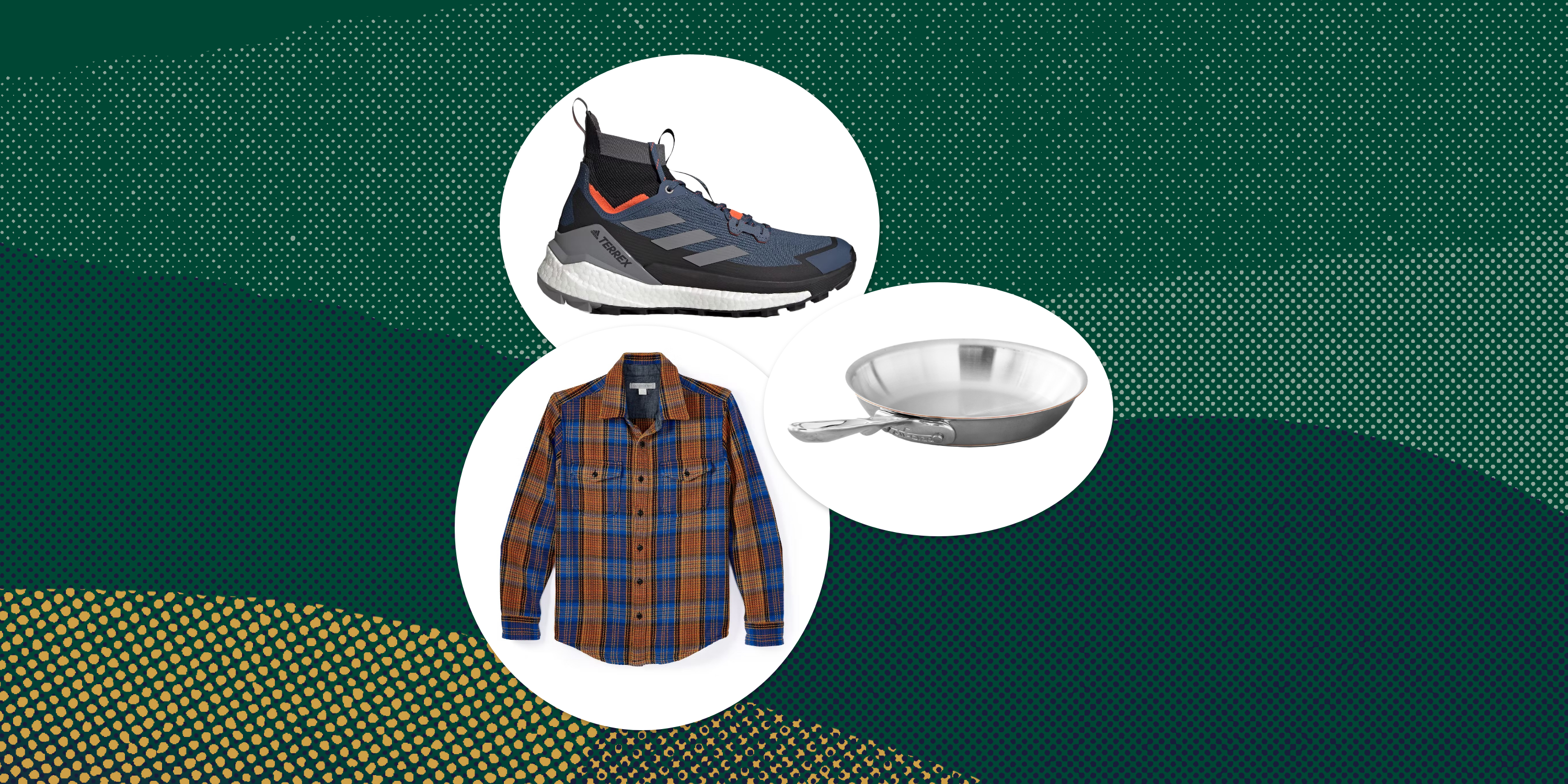 collage of a shoe, flannel, and pan