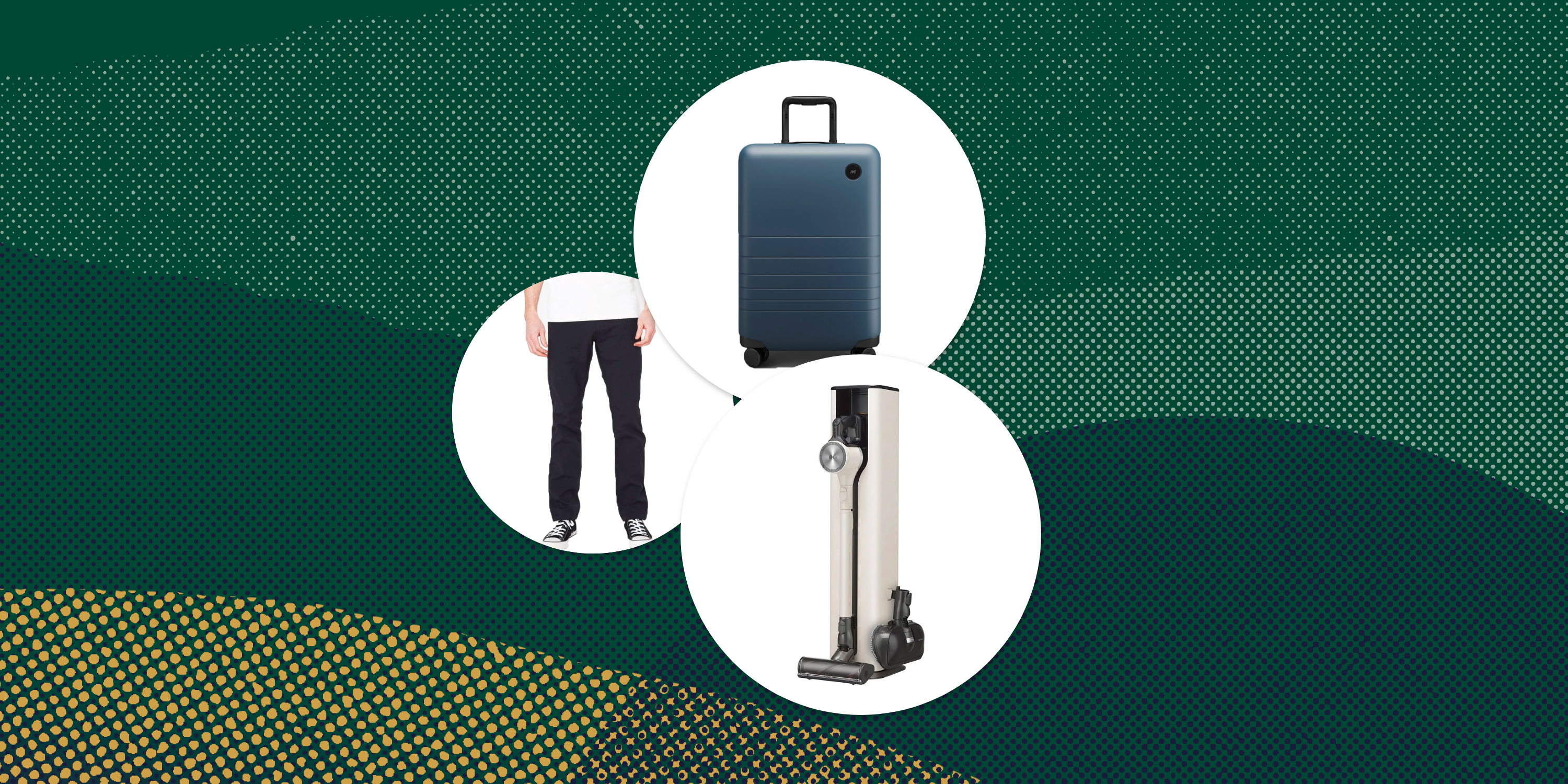 collage of vacuum luggage and pants