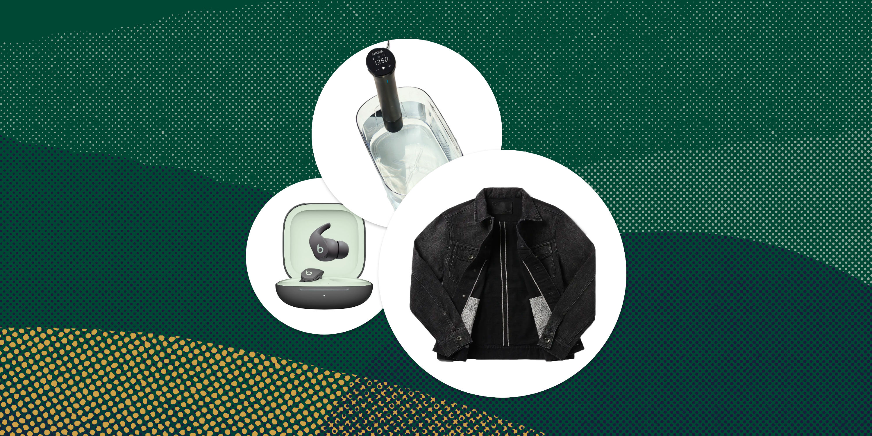 collage of anova cooker taylor stitch jacket and beats fit pro earbuds