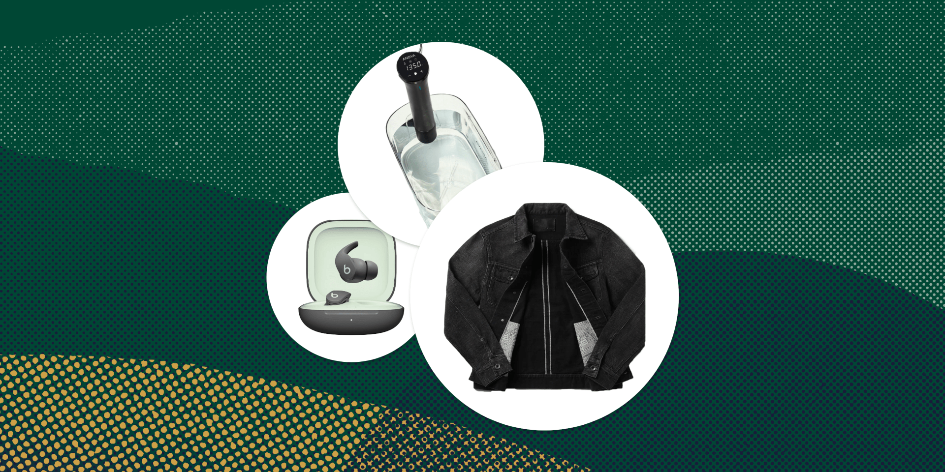 collage of anova cooker taylor stitch jacket and beats fit pro earbuds