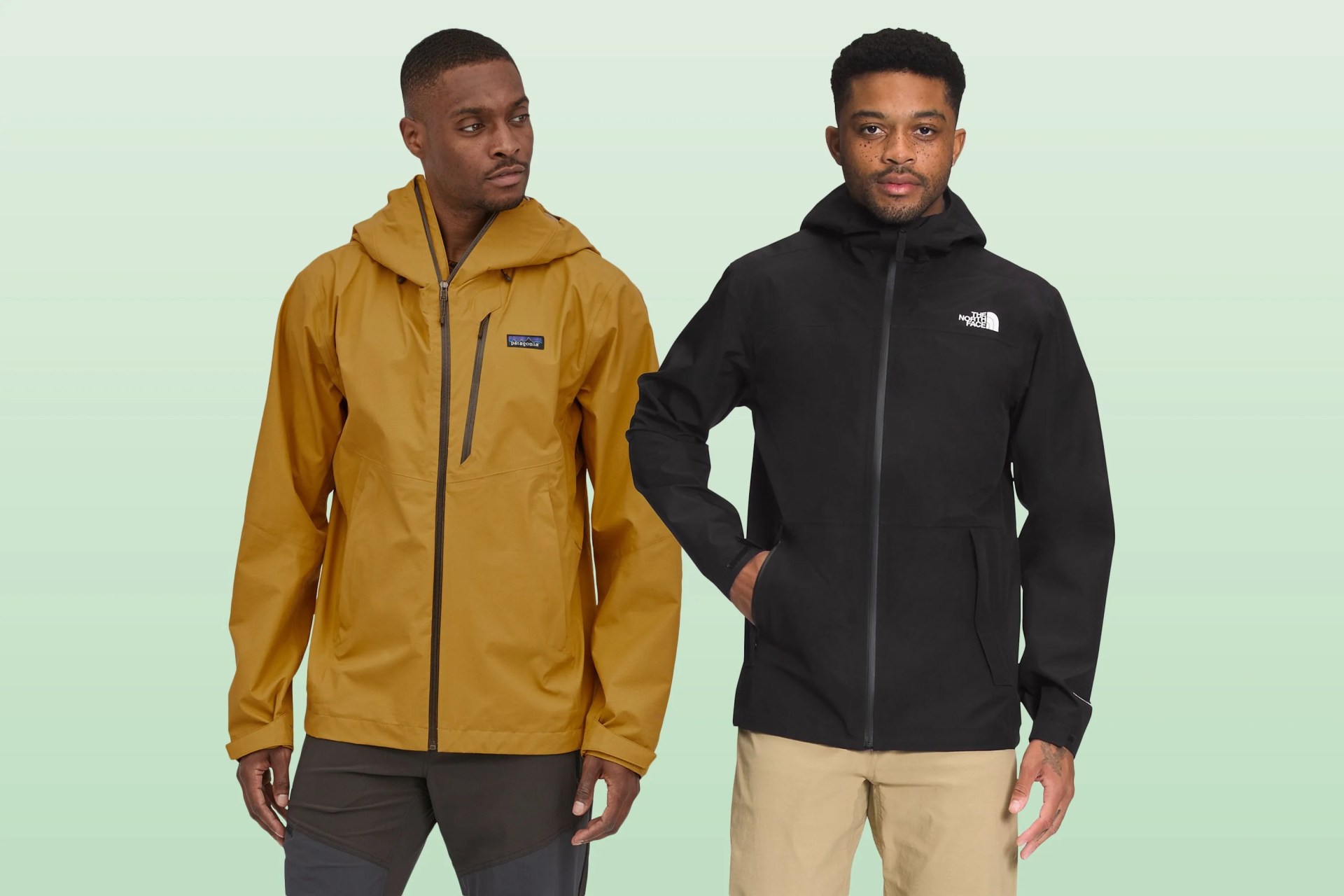 two men standing next to each other wearing rain jackets