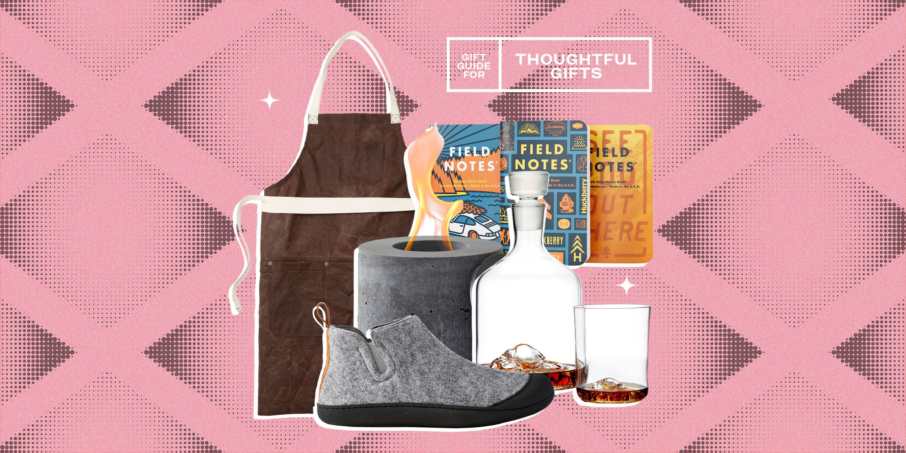 gift guide for thoughtful gifts from huckberry apron, field notes, flickr, decanter and glass, and shoes