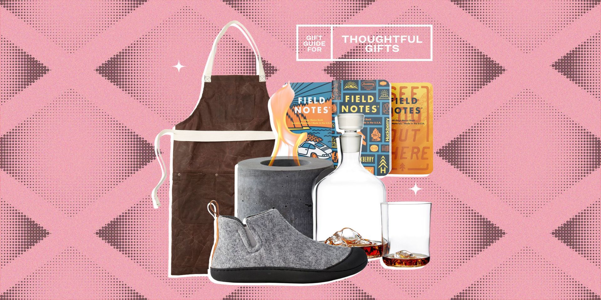 gift guide for thoughtful gifts from huckberry apron, field notes, flickr, decanter and glass, and shoes