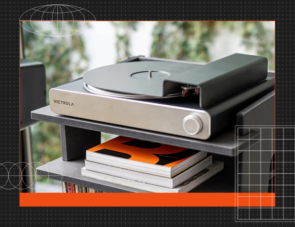 victrola record player on a shelf