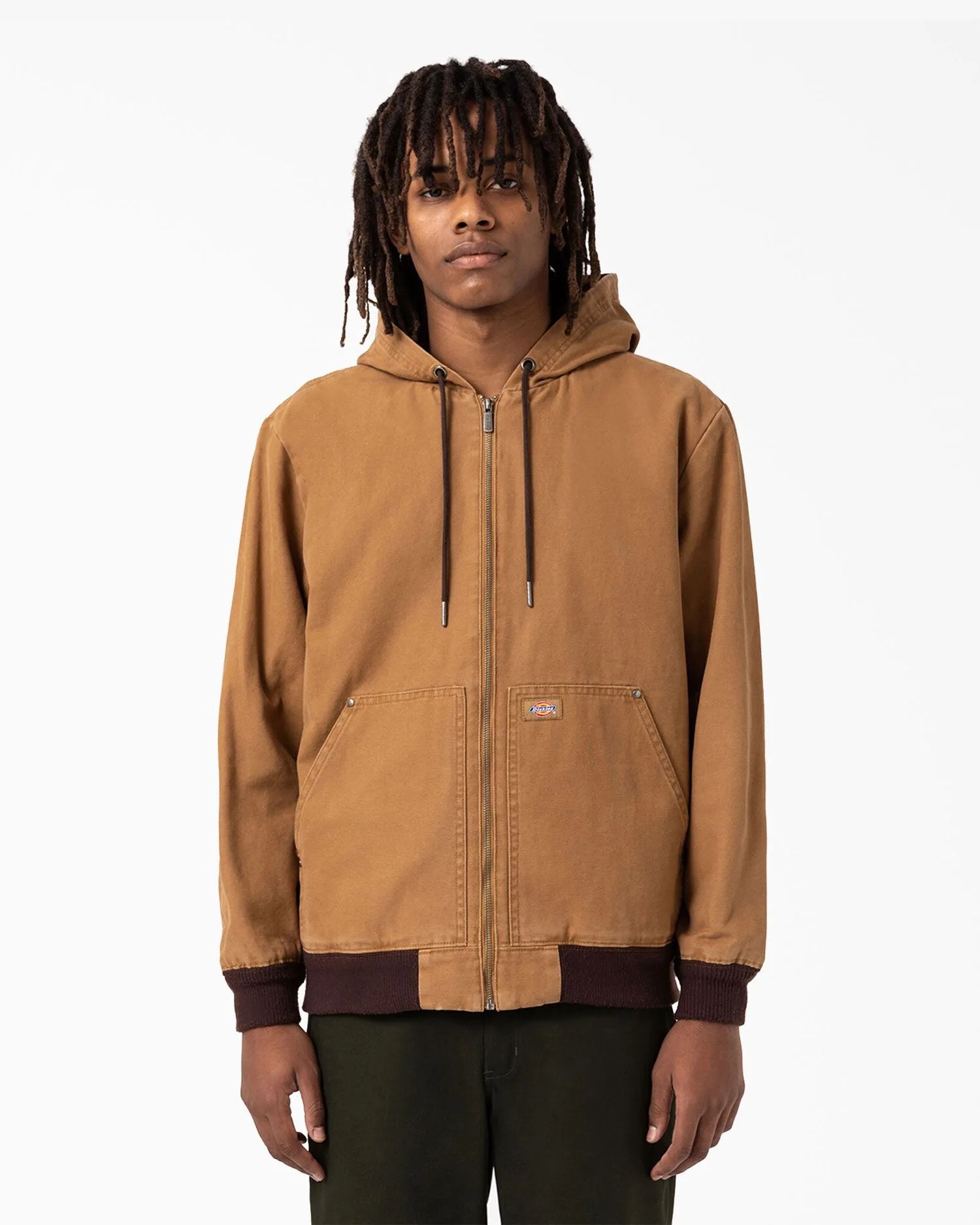 man wearing dickies duck hooded bomber jacket in stonewashed brown duck