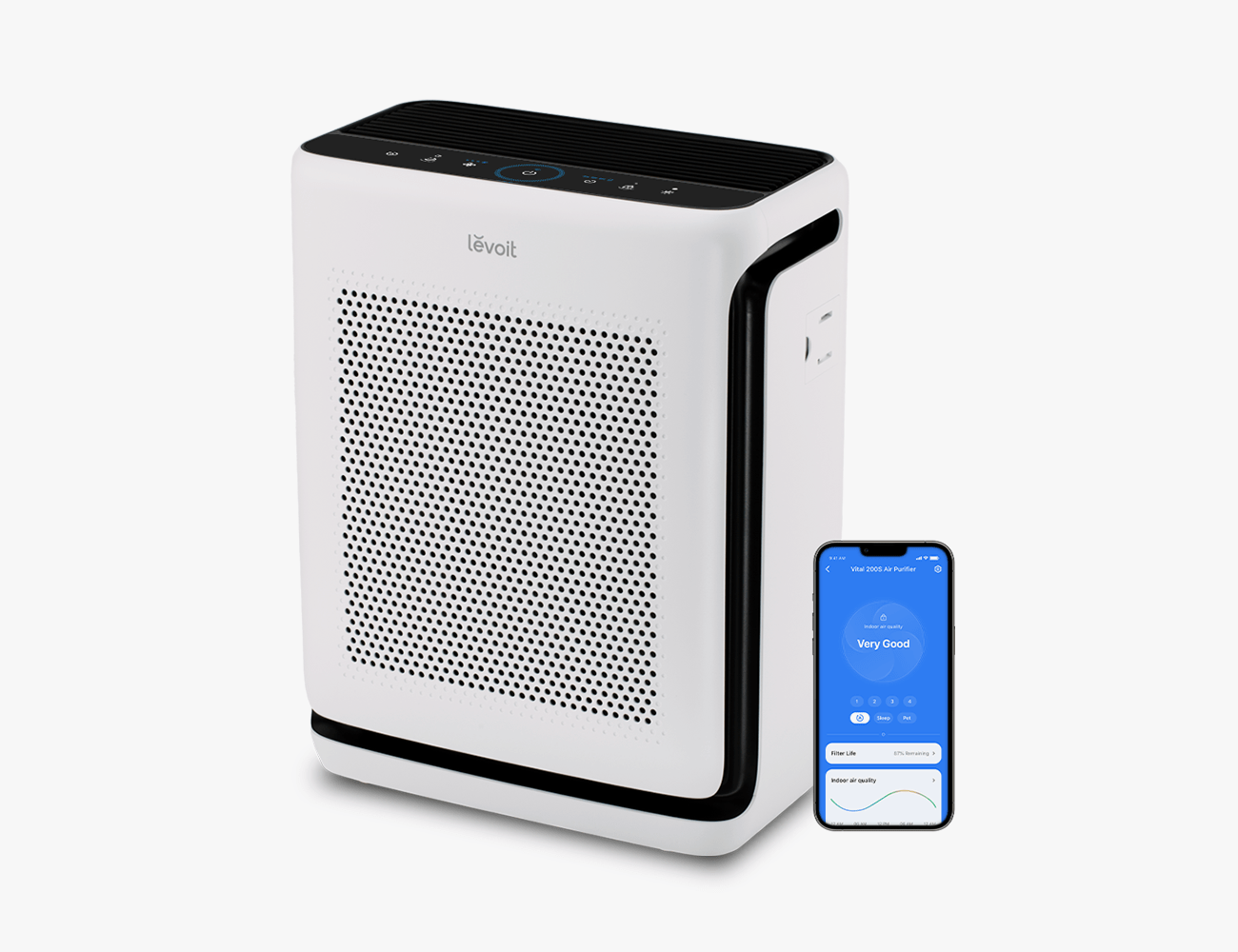 a white air purifier and a phone showing an app screen