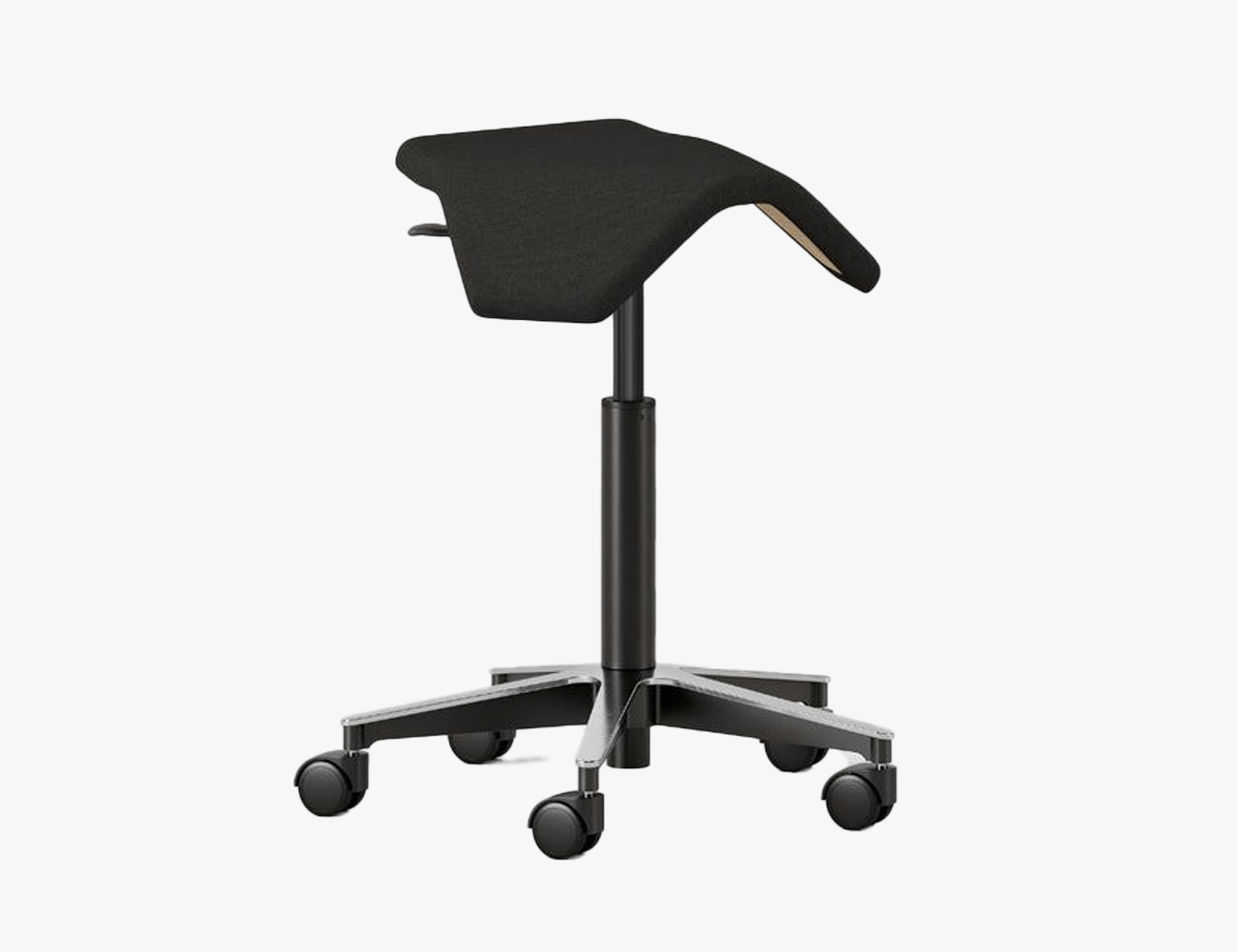 a black saddle chair on a white background