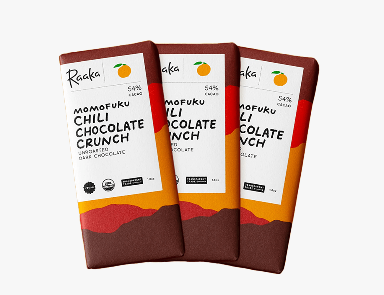 3 chocolate bars with brown red and orange packaging on a white background