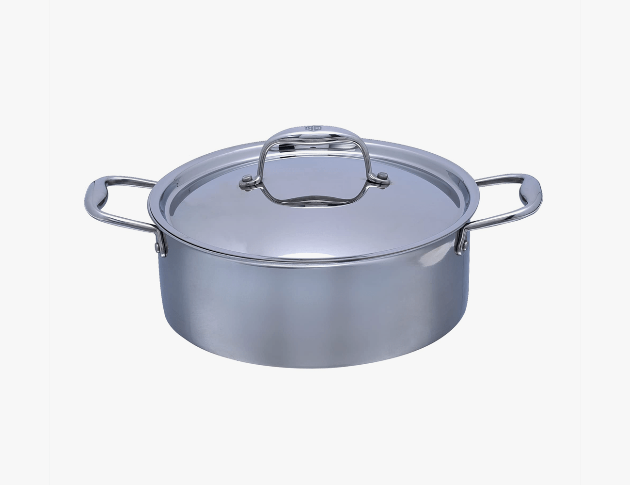 a silver 5 qt hexclad pan with lid on a white background