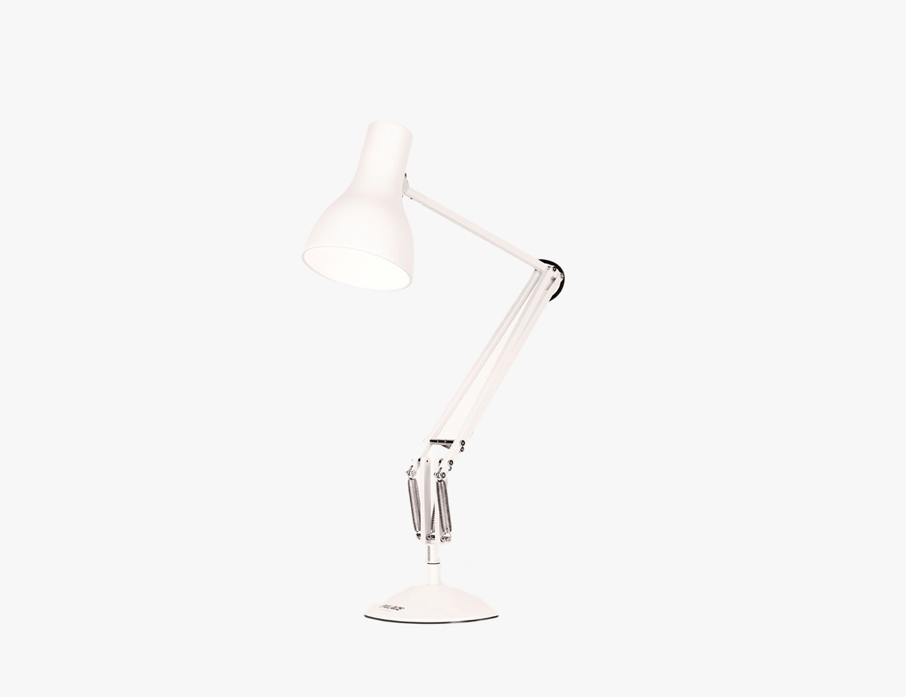 A white lamp with silver spring accents on a white background