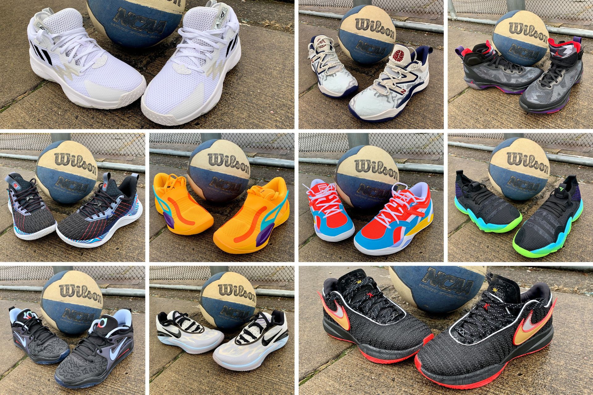 collage of basketball shoes with a basketball