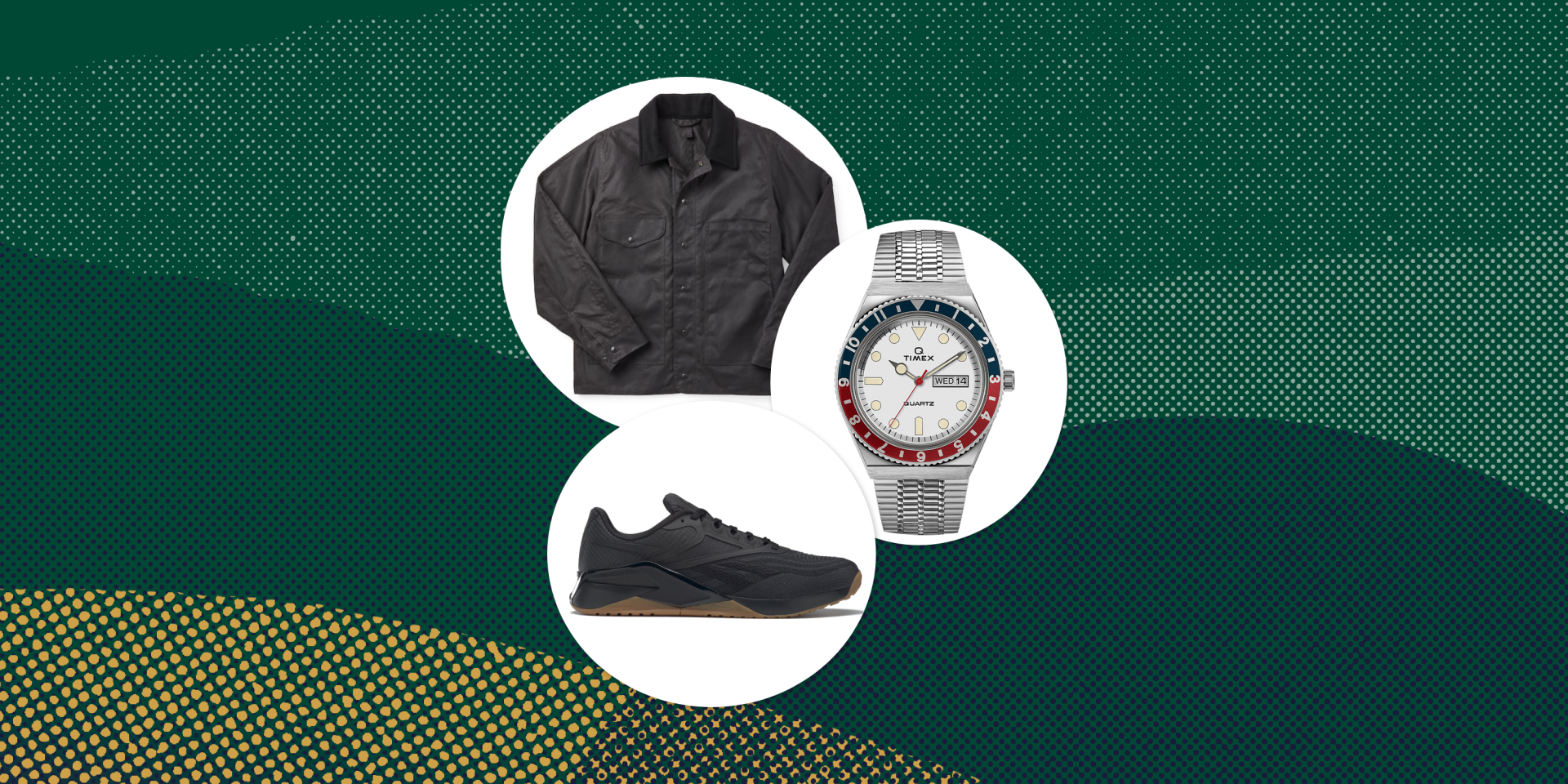 collage of a jacket, a watch, and a shoe