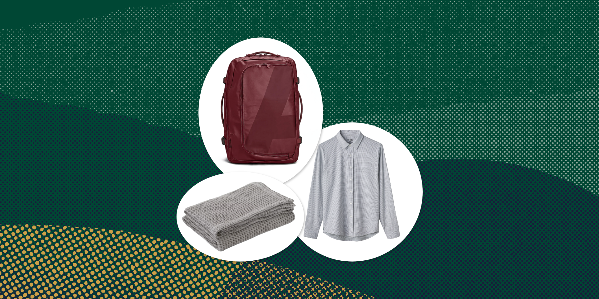 collage of a blanket, a button down shirt, and a backpack