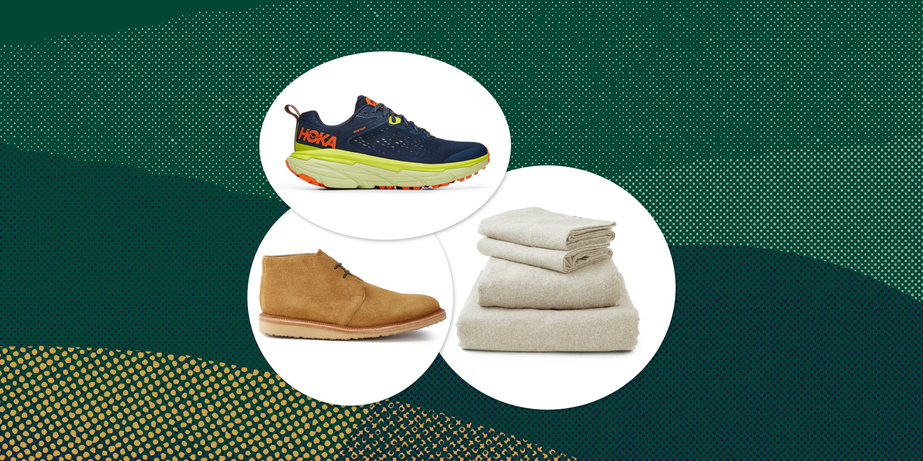 collage of a tennis shoe, a boot, and a stack of flannel sheets