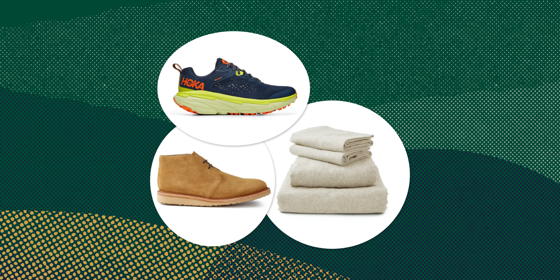 collage of a tennis shoe, a boot, and a stack of flannel sheets