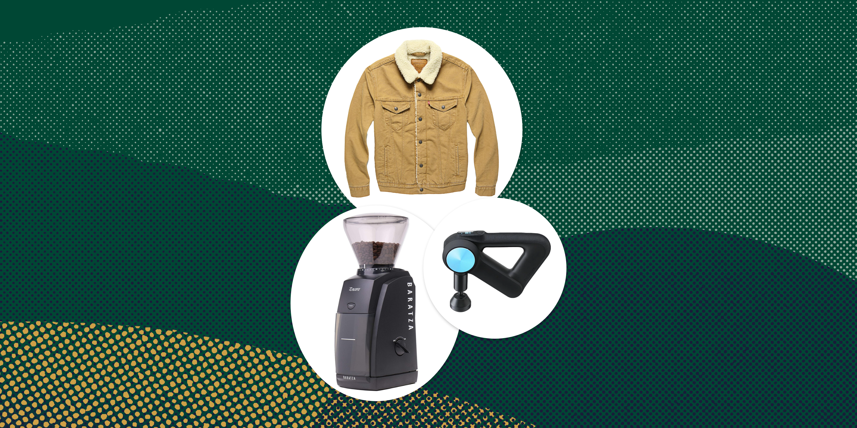 collage of a jacket, a coffee grinder, and a massage gun