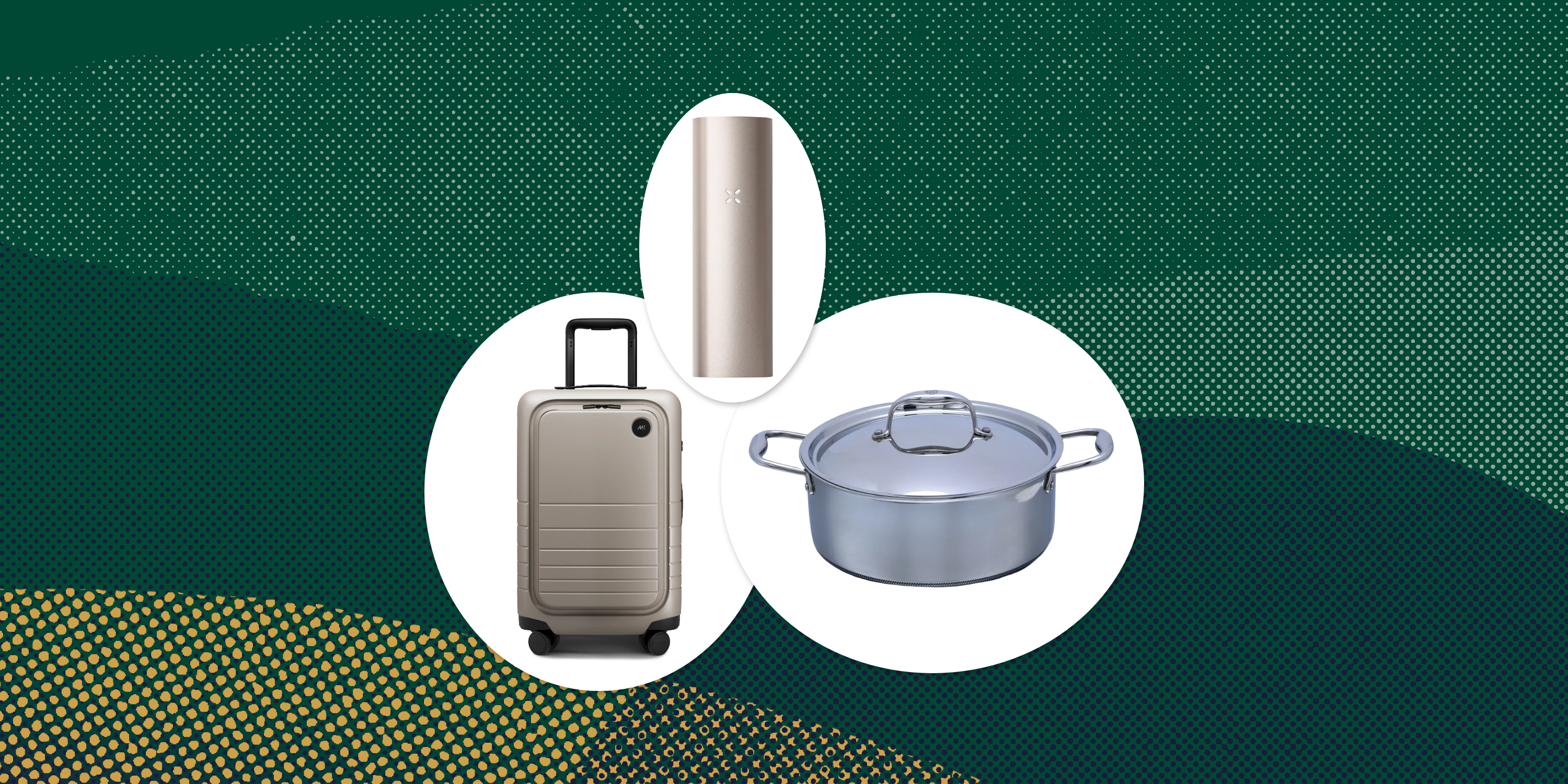 collage of a suitcase, a vape pen, and a dutch oven