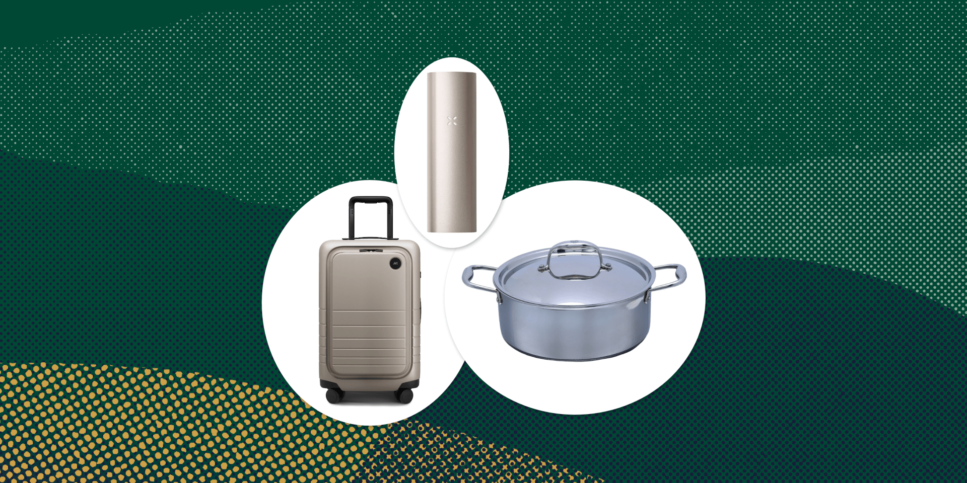 collage of a suitcase, a vape pen, and a dutch oven