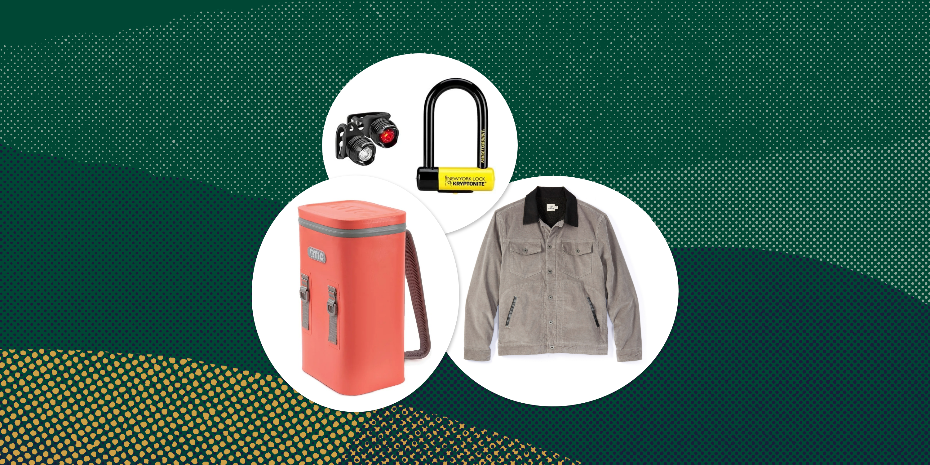collage of a bike lock, a backpack cooler, and a jacket