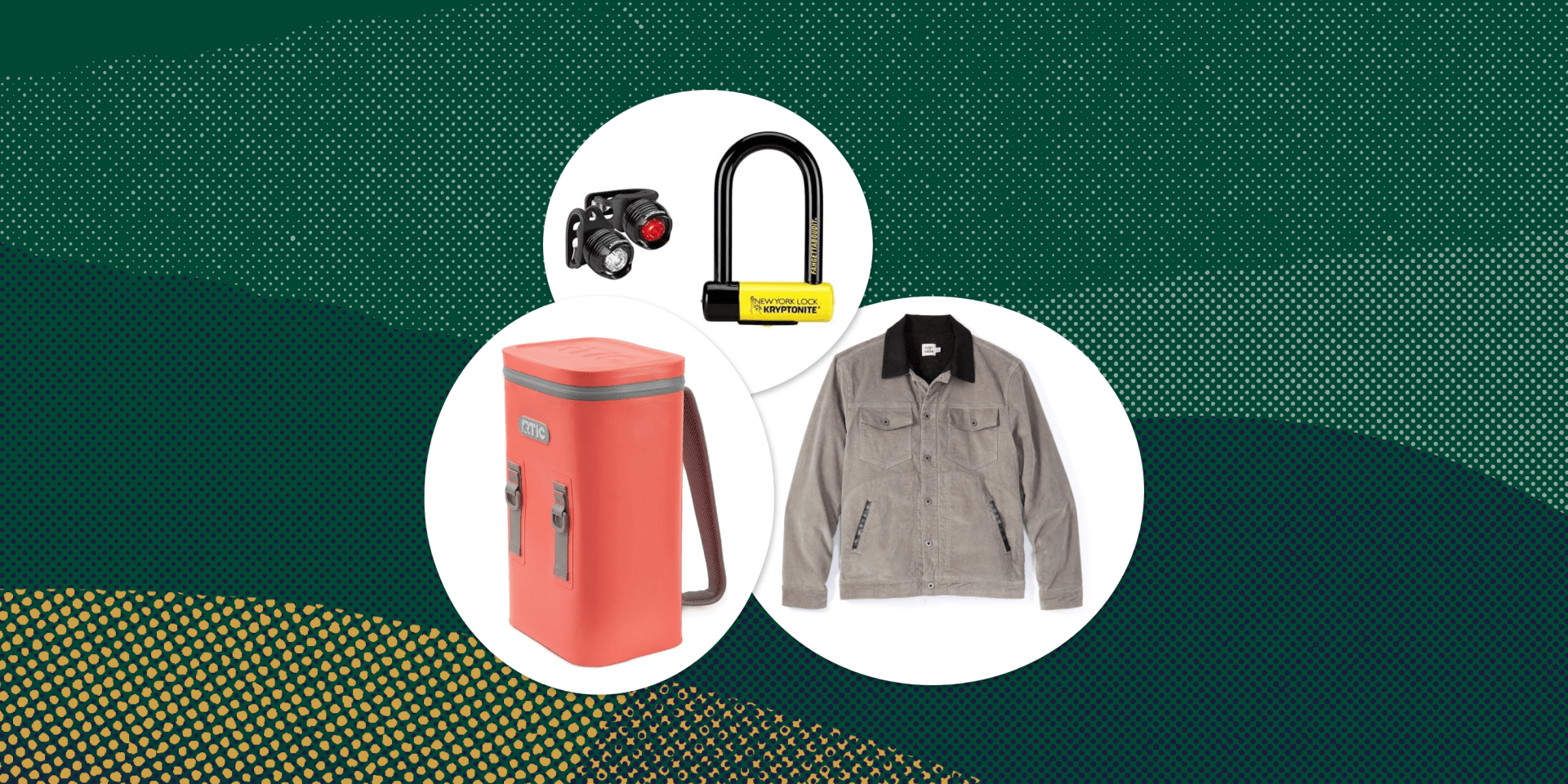 collage of a bike lock, a backpack cooler, and a jacket