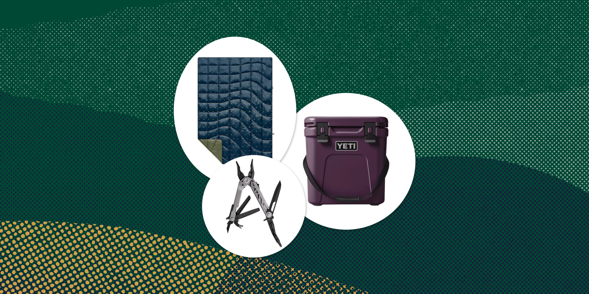 collage of a blanket, a cooler, and a multi tool