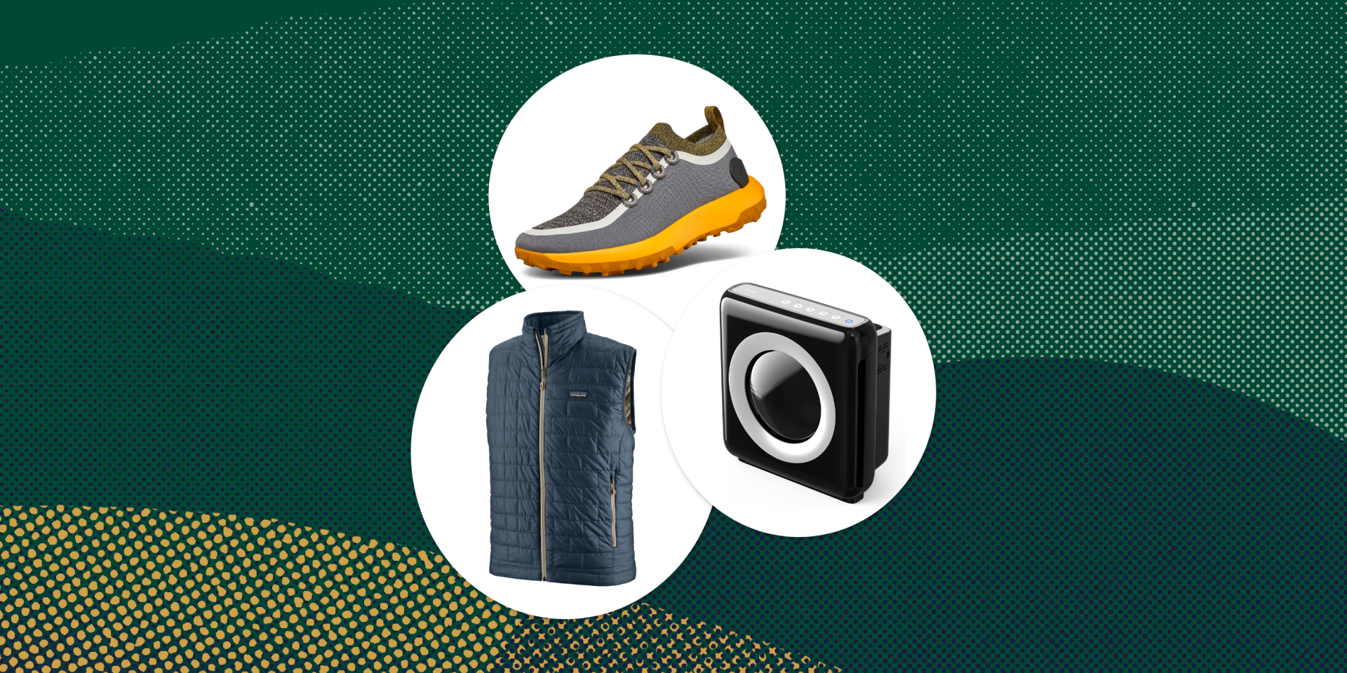 collage of a shoe, a vest, and an air purifier