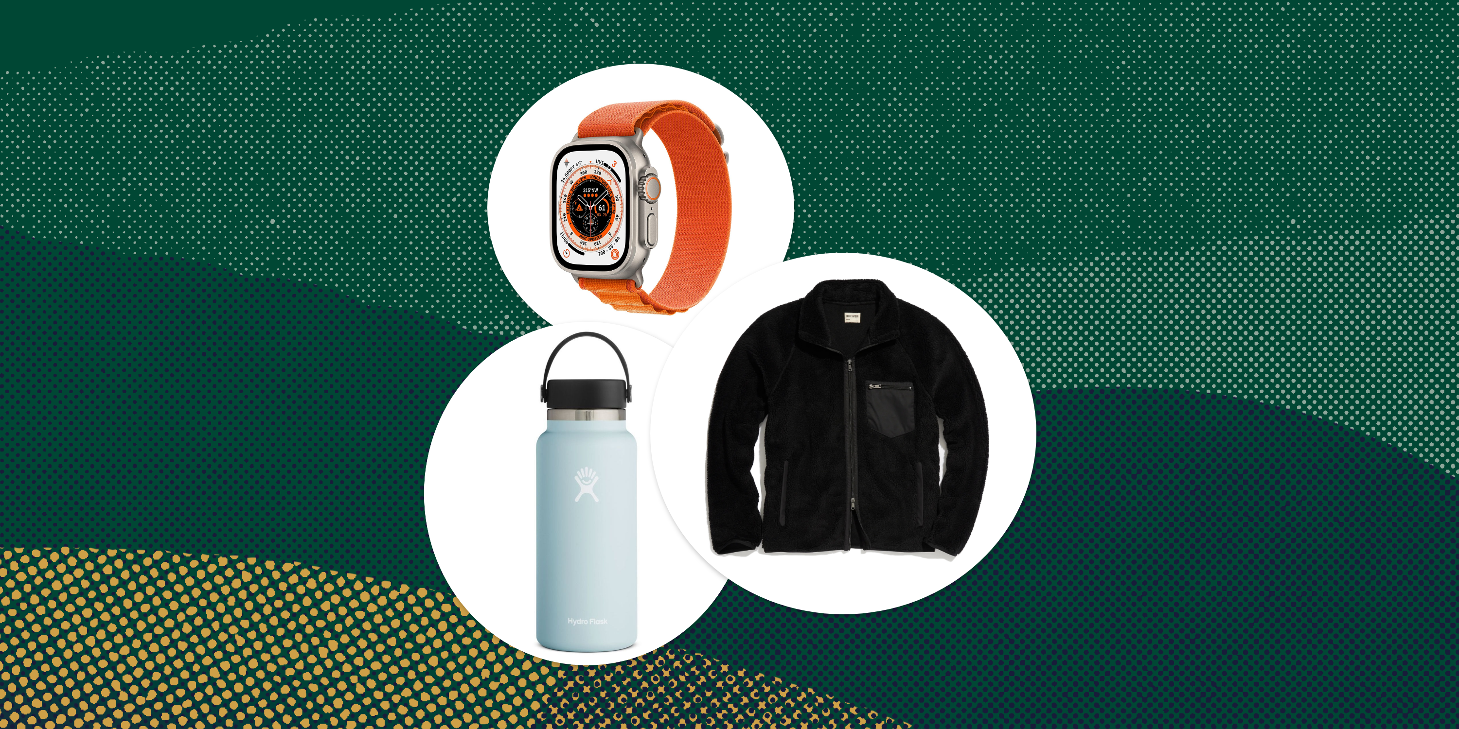 collage of an apple watch, a water bottle, and a black zip up fleece