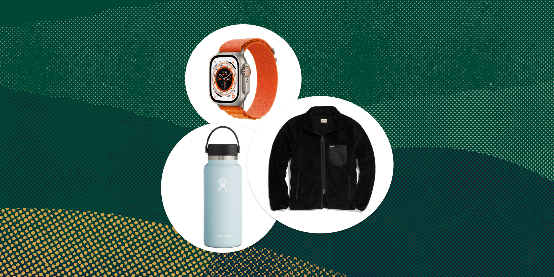 collage of an apple watch, a water bottle, and a black zip up fleece