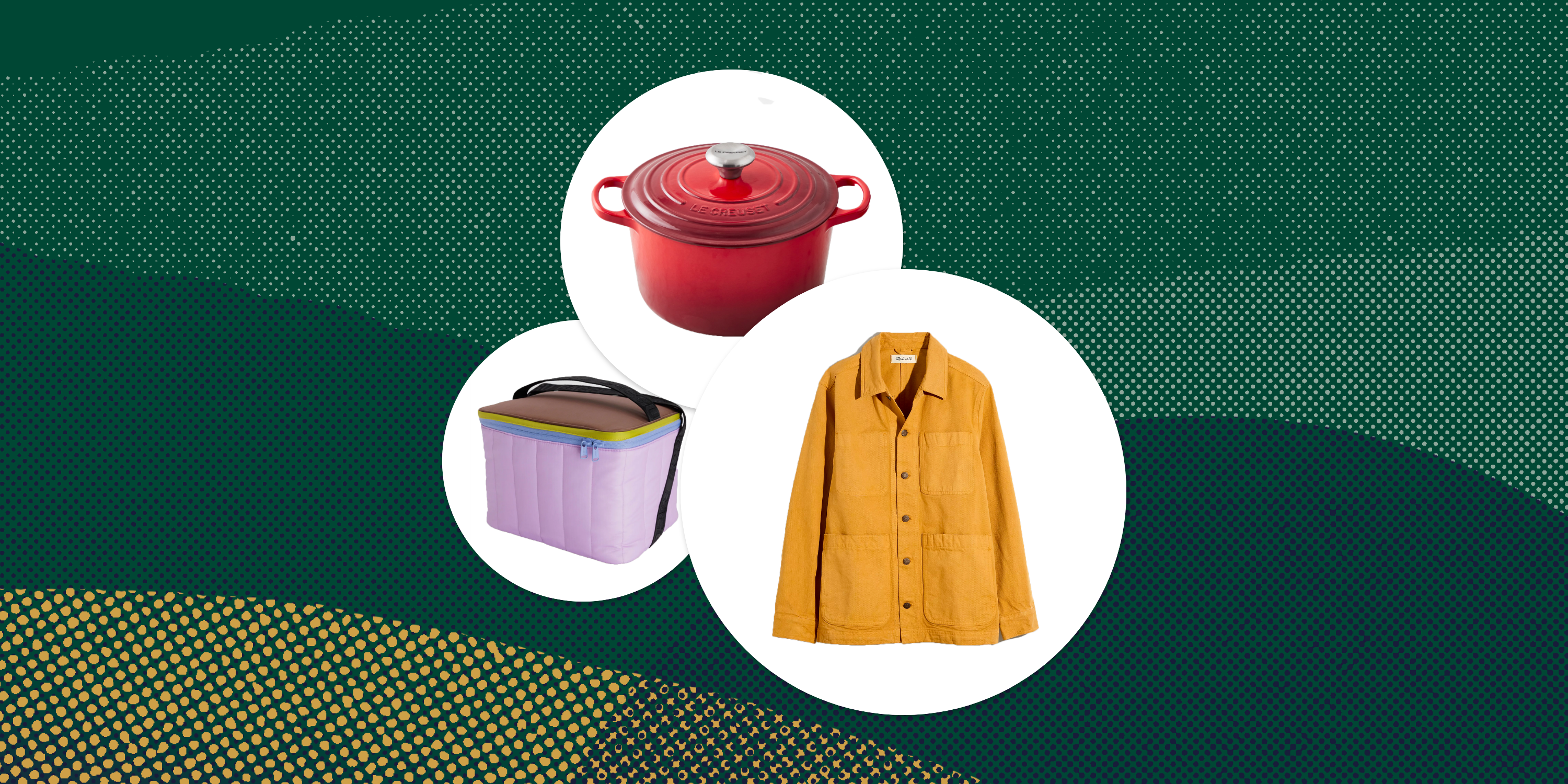 collage of pot madewell jacket and cooler