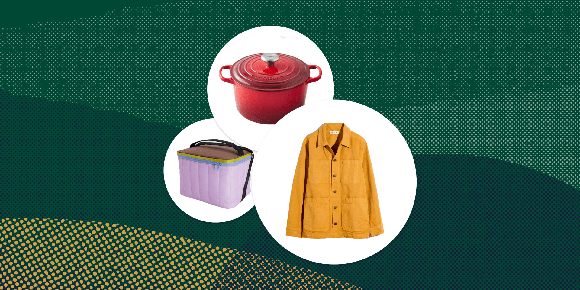 collage of pot madewell jacket and cooler