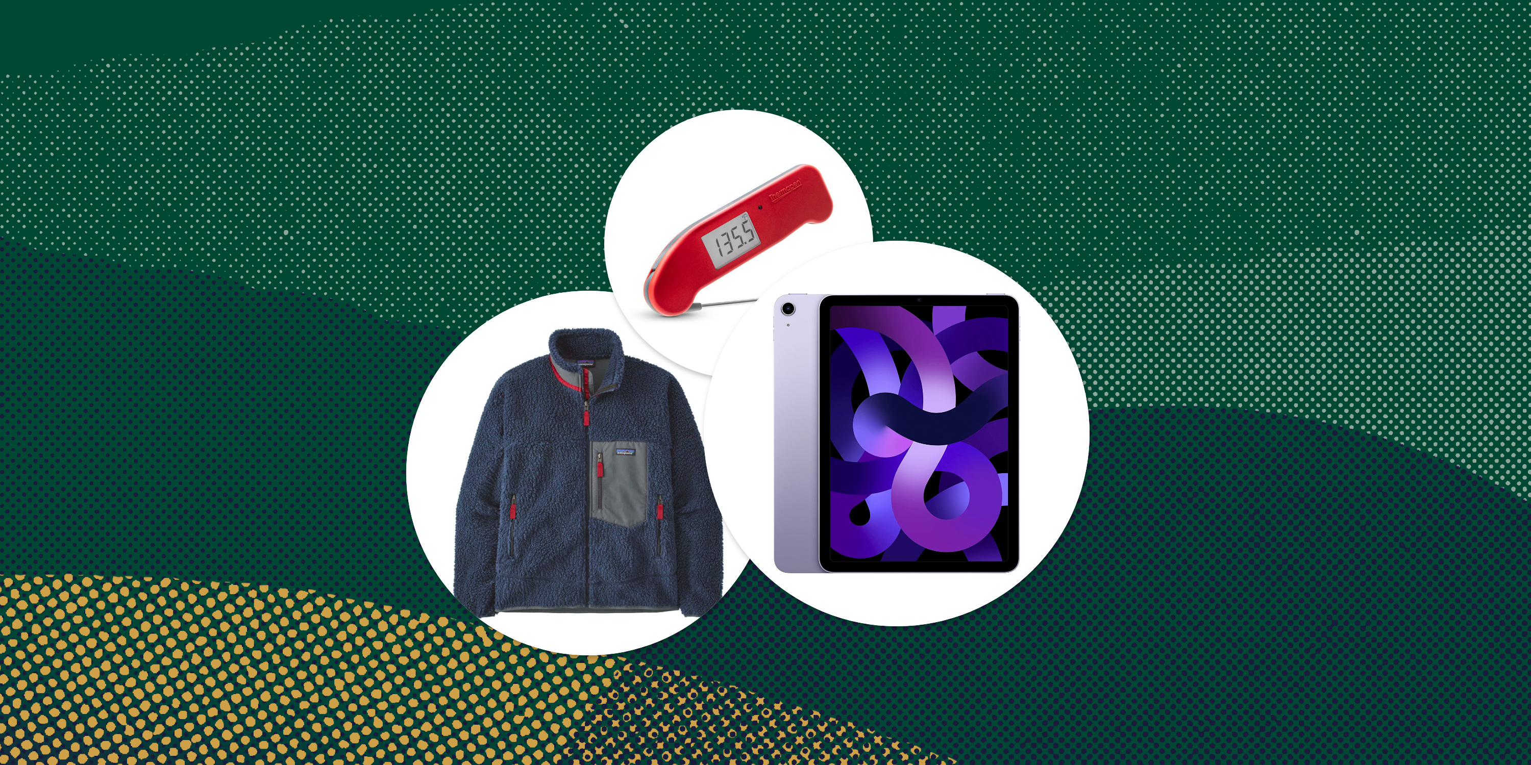 collage of thermapen patagonia jacket and apple ipad