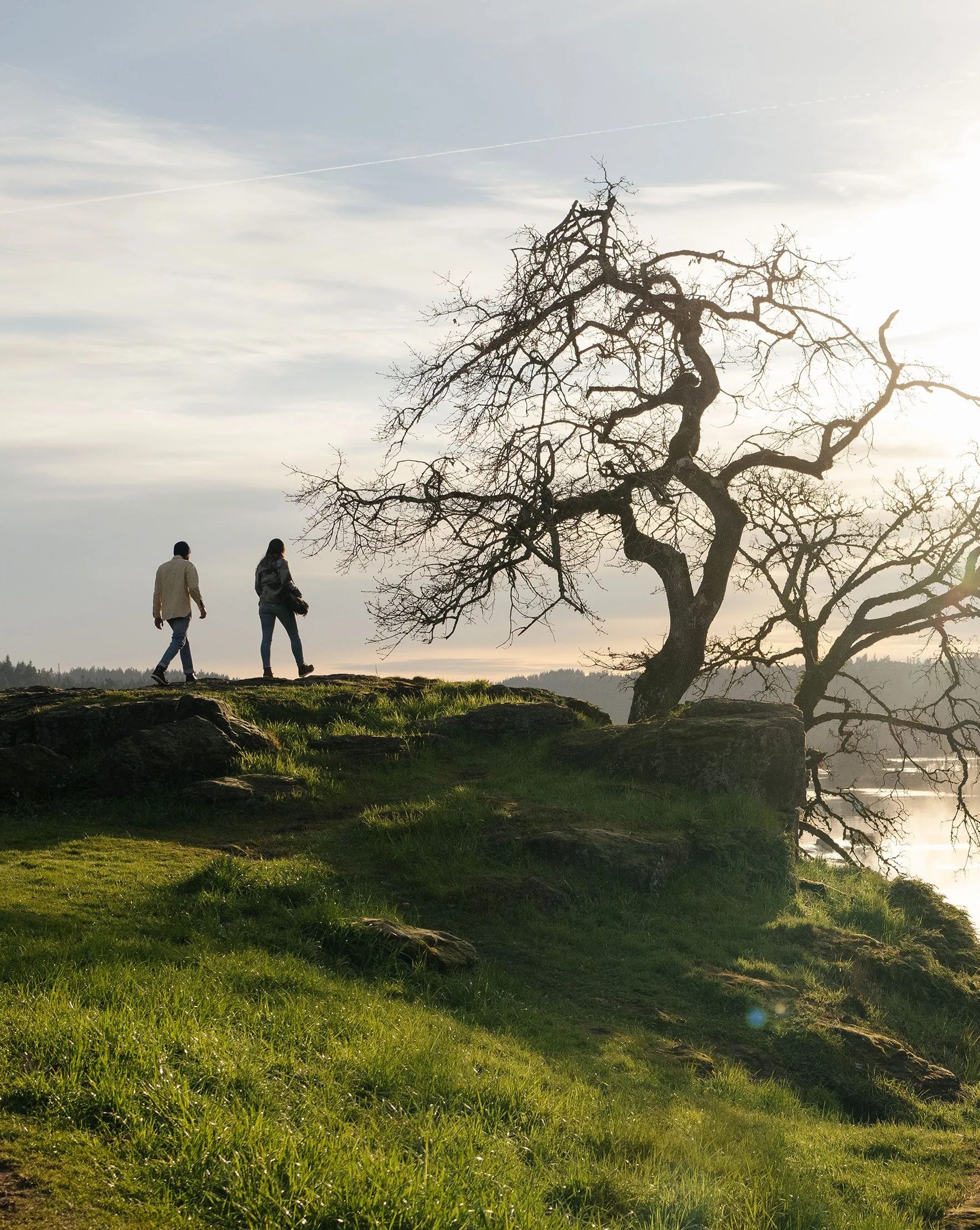 danner evergreen collection people walking on the side of a grassy hill by a factory